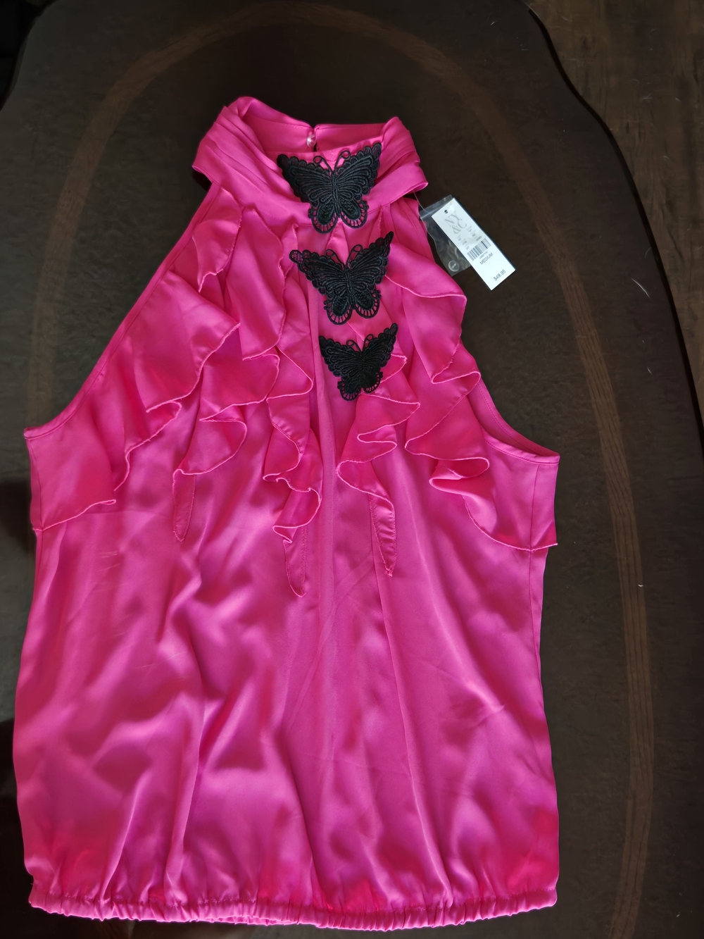 Women's Hot Pink Sleeveless Ruffle Blouse with Black Butterfly Appliqués